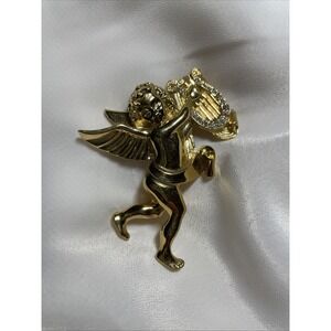 Givenchy Vintage Christmas Angel Pin Brooch Cherub Crystal Goldtone Signed 80s